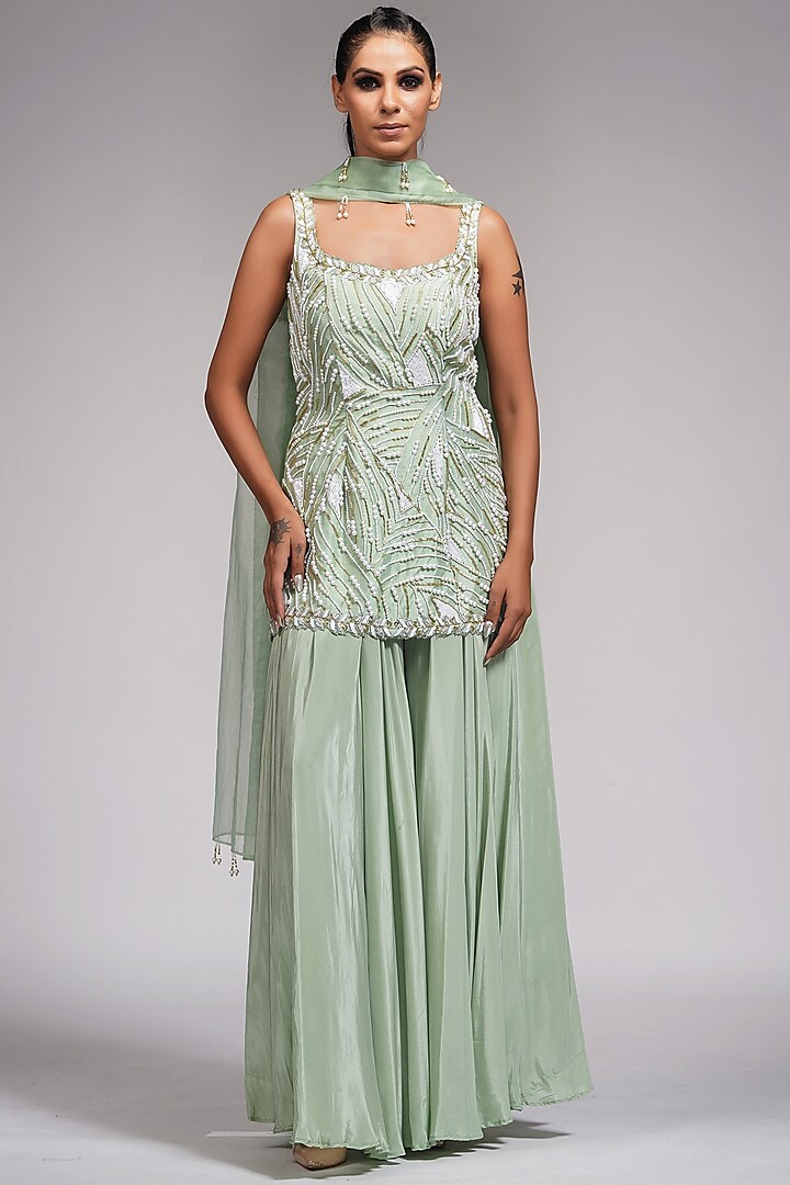 Sage Green Crepe Wedding Sharara Set by Shruti S at Pernia's Pop Up Shop