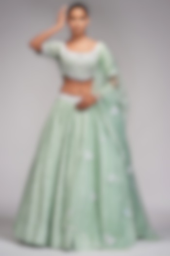 Sage Green Hand Block Printed Wedding Lehenga Set by Shruti S at Pernia's Pop Up Shop
