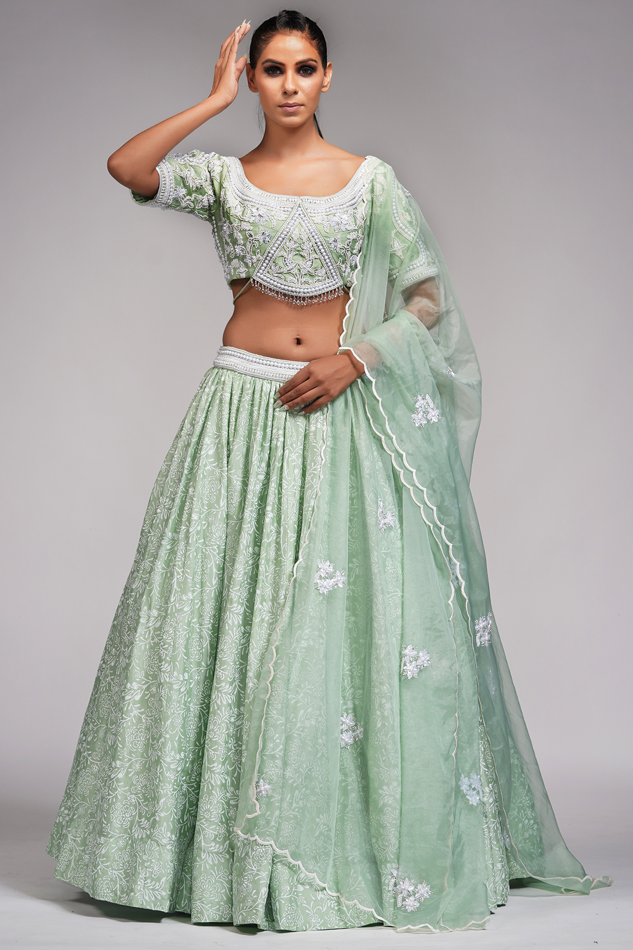 Sage Green Hand Block Printed Wedding Lehenga Set by Shruti S at Pernia's Pop Up Shop