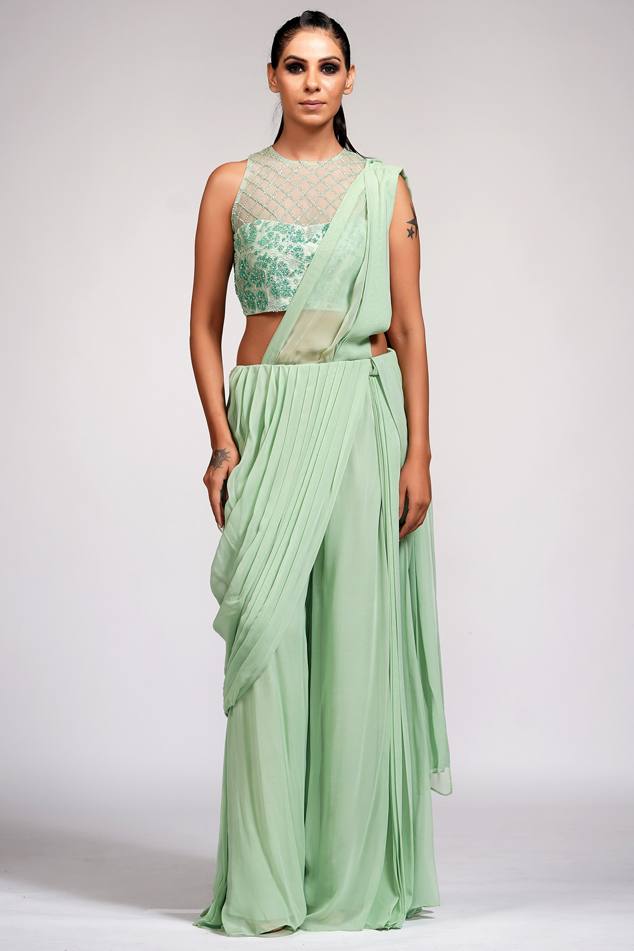 Sage Green Georgette Pre-Stitched Wedding Saree Set by Shruti S at Pernia's Pop Up Shop