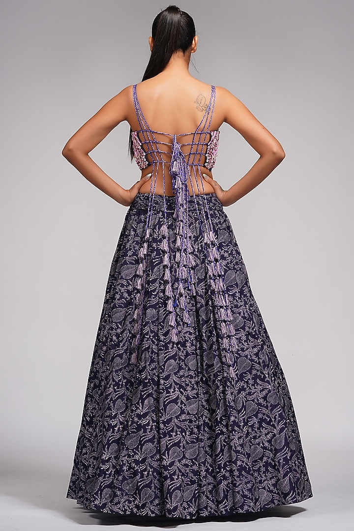 Navy Blue Hand Block Printed Wedding Lehenga Set by Shruti S at Pernia's Pop Up Shop
