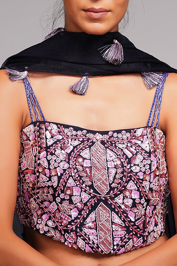 Navy Blue Hand Block Printed Wedding Lehenga Set by Shruti S at Pernia's Pop Up Shop
