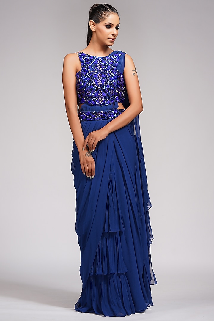 Navy Blue Georgette Pre-Stitched Saree Set by Shruti S