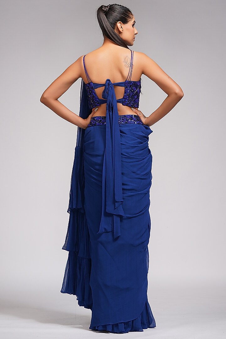 Navy Blue Georgette Pre-Stitched Wedding Saree Set by Shruti S at Pernia's Pop Up Shop