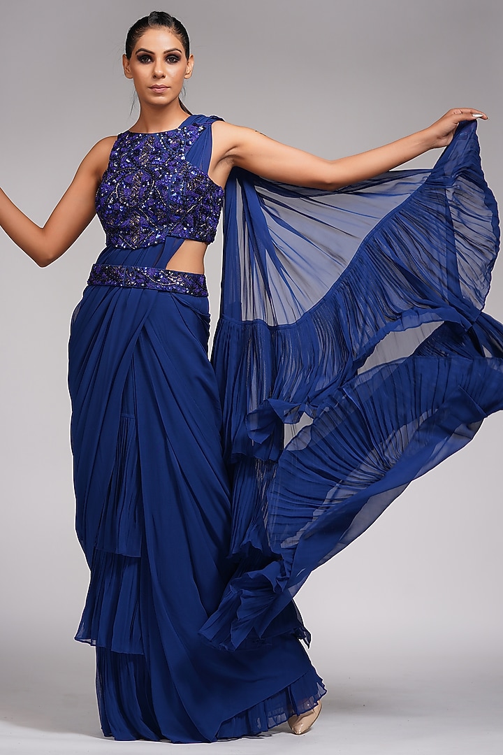 Navy Blue Georgette Pre-Stitched Wedding Saree Set by Shruti S at Pernia's Pop Up Shop