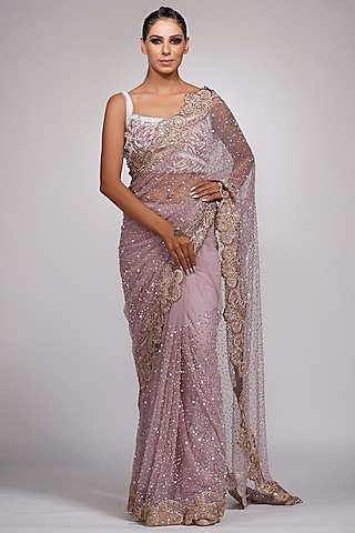 Lilac Silk Embroidered Saree Set by Shruti S