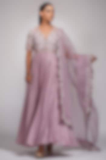Lilac Embroidered Wedding Anarkali Set In Silk by Shruti S at Pernia's Pop Up Shop