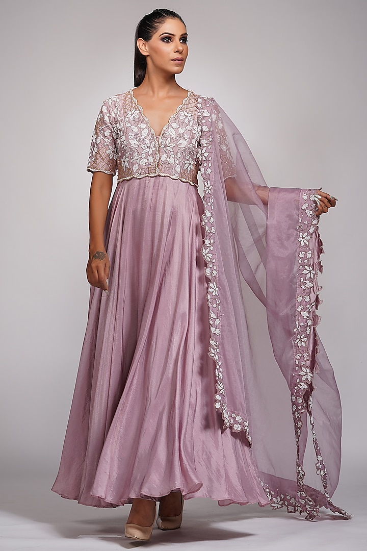 Lilac Embroidered Wedding Anarkali Set In Silk by Shruti S at Pernia's Pop Up Shop