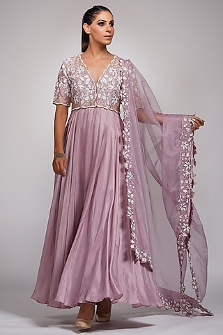 Lilac Embroidered Anarkali Set In Silk by Shruti S
