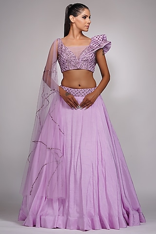 Lilac Embroidered Lehenga Set With Attached Drape by Shruti S