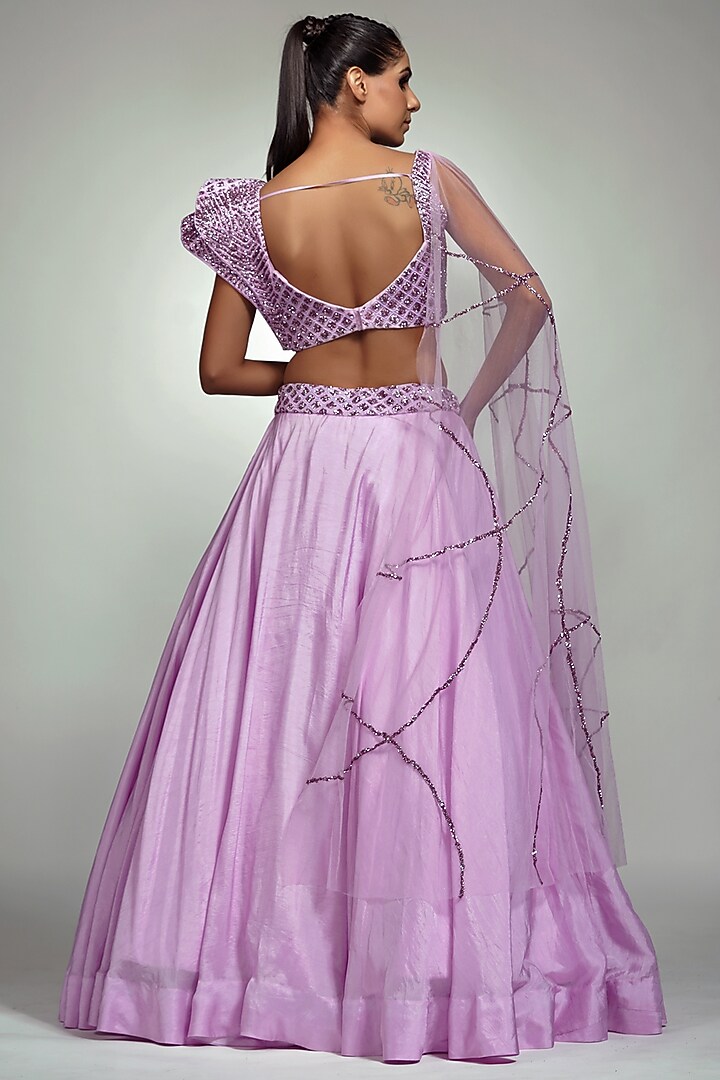 Lilac Embroidered Wedding Lehenga Set With Attached Drape by Shruti S at Pernia's Pop Up Shop