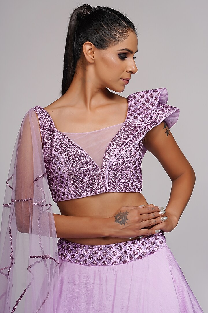 Lilac Embroidered Wedding Lehenga Set With Attached Drape by Shruti S at Pernia's Pop Up Shop
