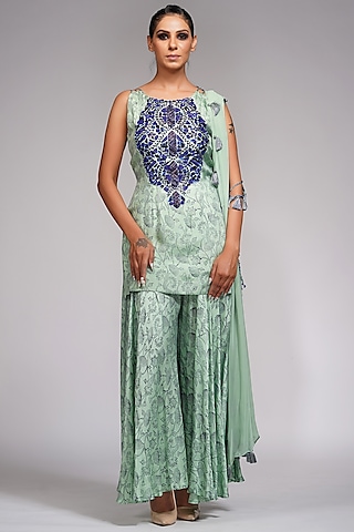 Sage Green Hand Block Printed Sharara Set by Shruti S