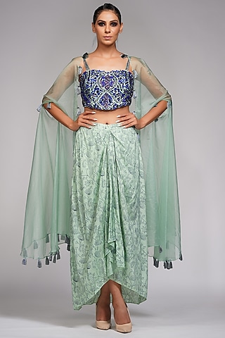 Sage Green Hand Block Printed Dhoti Set by Shruti S