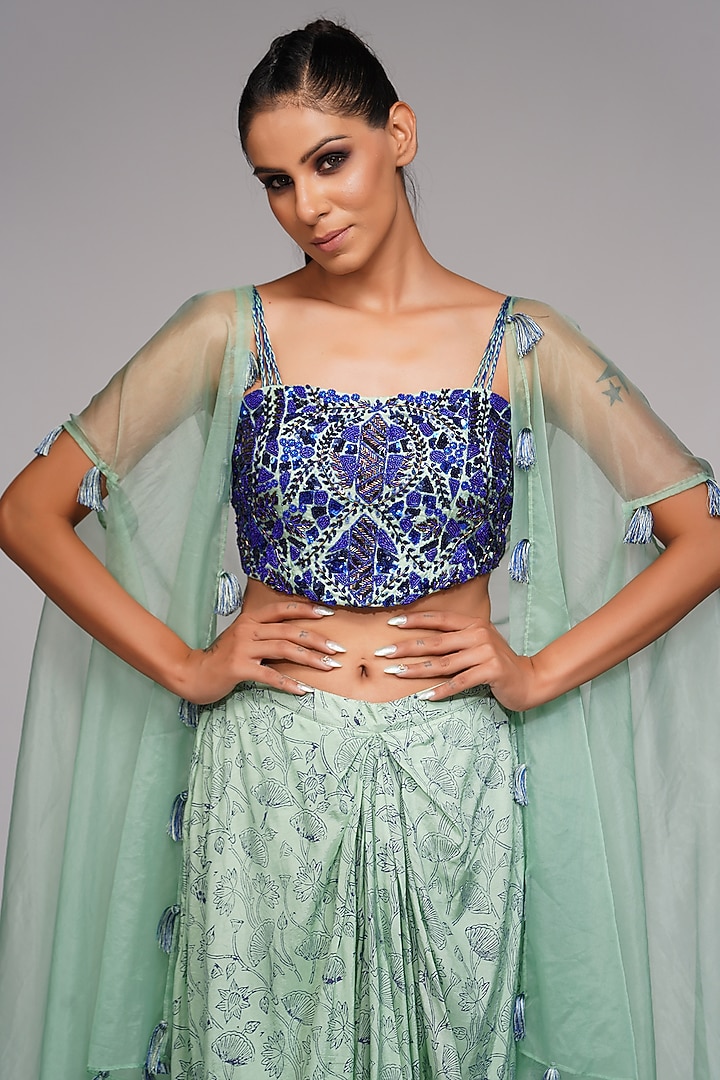 Sage Green Hand Block Printed Dhoti Set by Shruti S at Pernia's Pop Up Shop