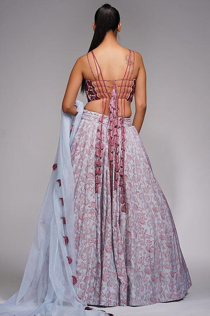 Grey Hand Block Printed Wedding Lehenga Set by Shruti S at Pernia's Pop Up Shop