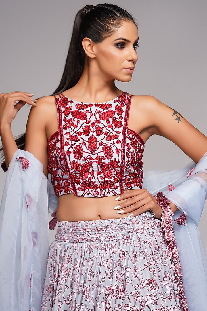 Grey Hand Block Printed Wedding Lehenga Set by Shruti S at Pernia's Pop Up Shop