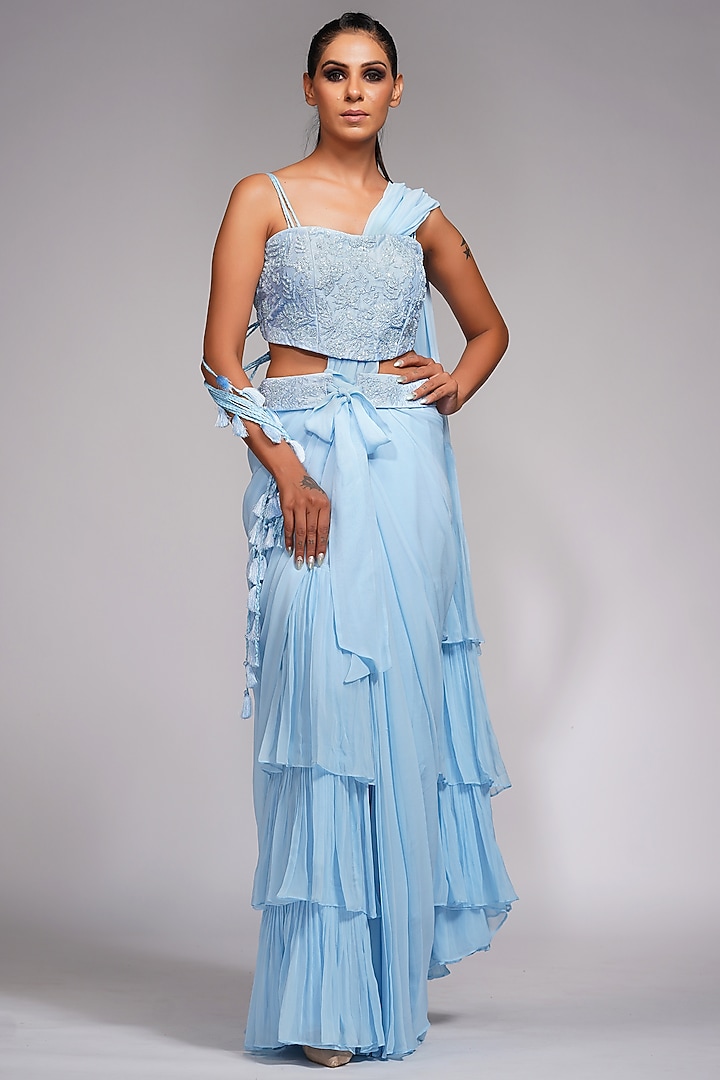 Powder Blue Georgette Pre-Stitched Wedding Saree Set by Shruti S at Pernia's Pop Up Shop