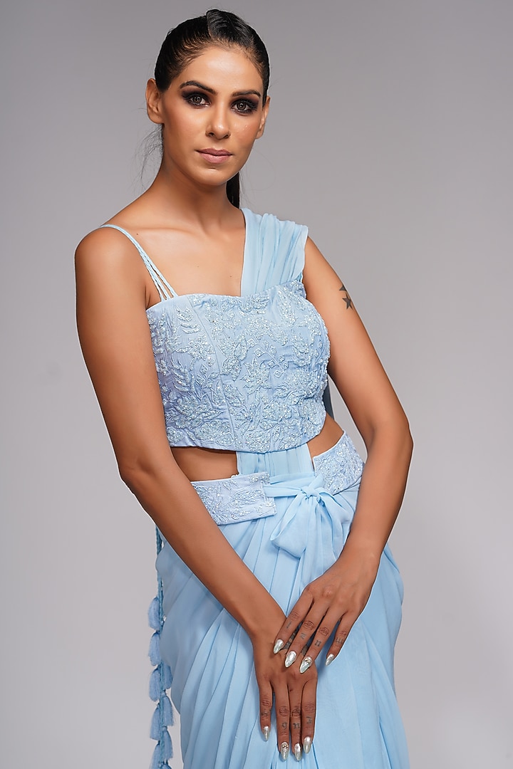 Powder Blue Georgette Pre-Stitched Wedding Saree Set by Shruti S at Pernia's Pop Up Shop