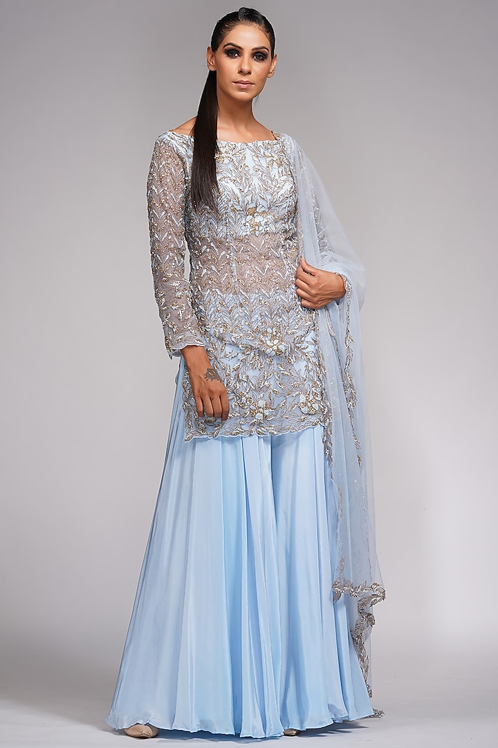 Powder Blue Crepe Wedding Sharara Set by Shruti S at Pernia's Pop Up Shop