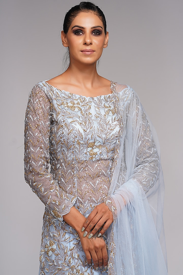 Powder Blue Crepe Wedding Sharara Set by Shruti S at Pernia's Pop Up Shop