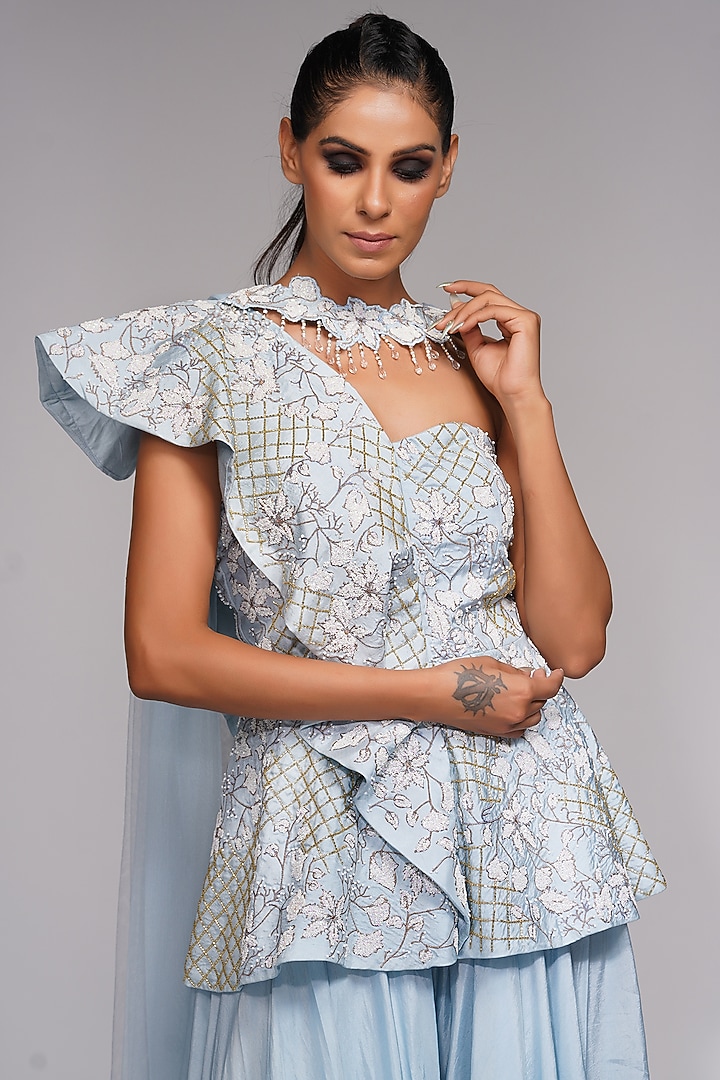 Powder Blue Silk Wedding Sharara Set by Shruti S at Pernia's Pop Up Shop