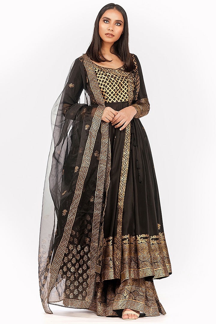 Black Printed Wedding Anarkali Set by Shruti S at Pernia's Pop Up Shop