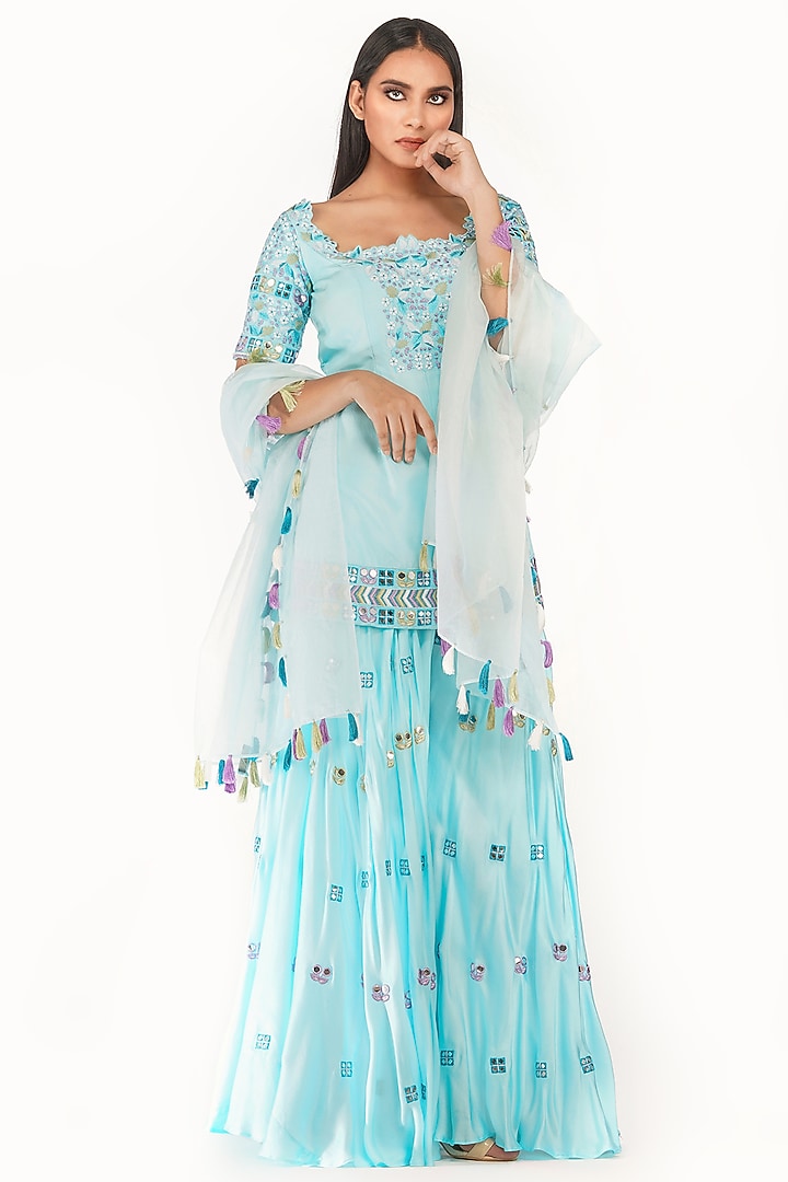 Sky Blue Embroidered Wedding Sharara Set by Shruti S at Pernia's Pop Up Shop