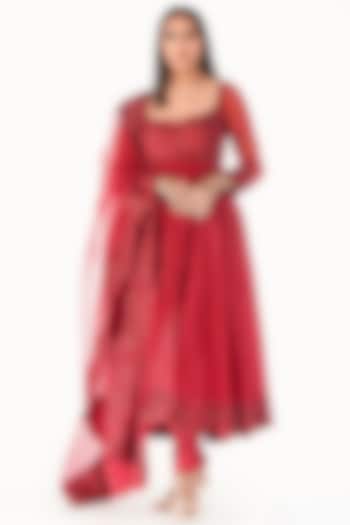 Red Sequins Embroidered Anarkali Set by Shruti S