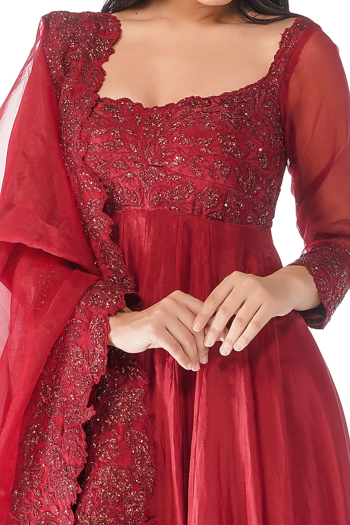 Red Sequins Embroidered Bridal Anarkali Set by Shruti S at Pernia's Pop Up Shop