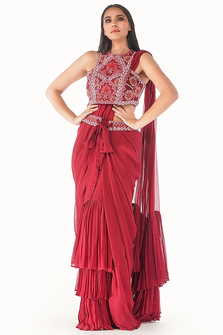 Red Embroidered Pre-Stitched Saree Set With Belt by Shruti S