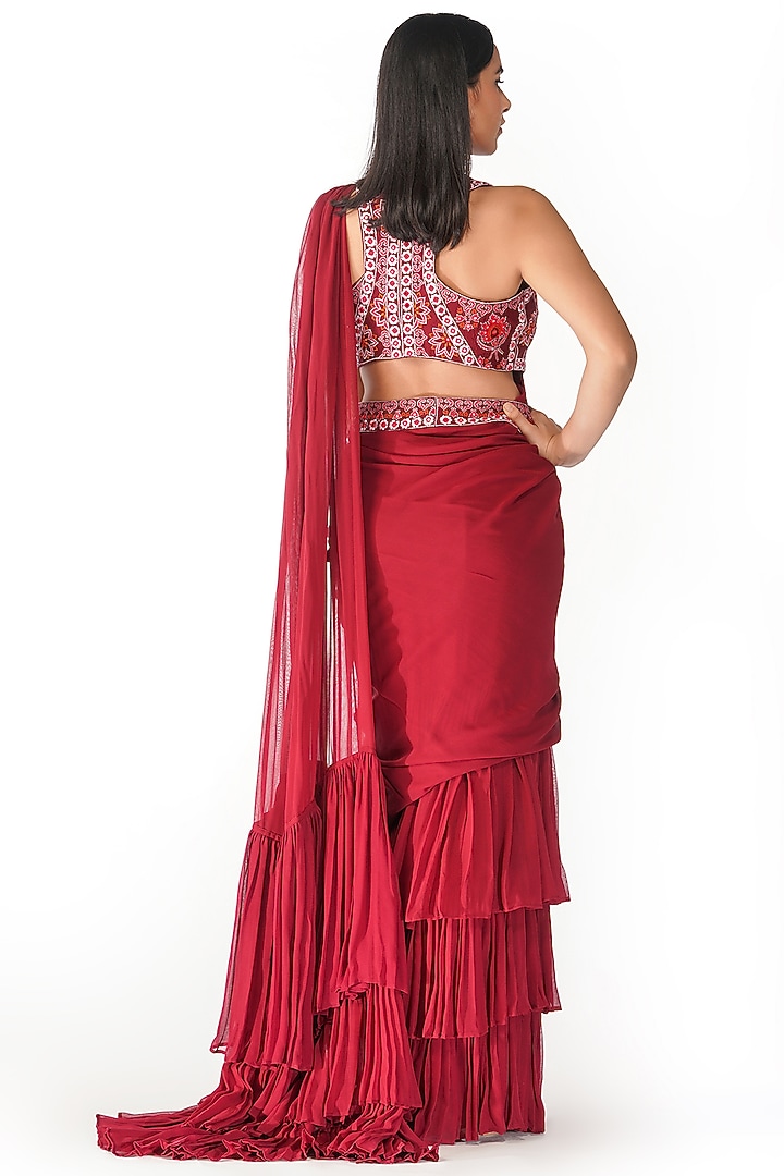 Red Embroidered Pre-Stitched Wedding Saree Set With Belt by Shruti S at Pernia's Pop Up Shop