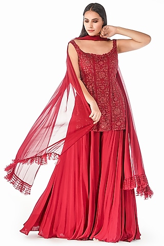 Red Geometric Embroidered Sharara Set by Shruti S