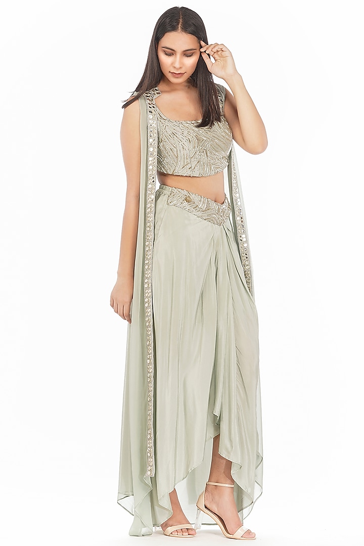 Pistachio Green Embroidered Skirt Set by Shruti S