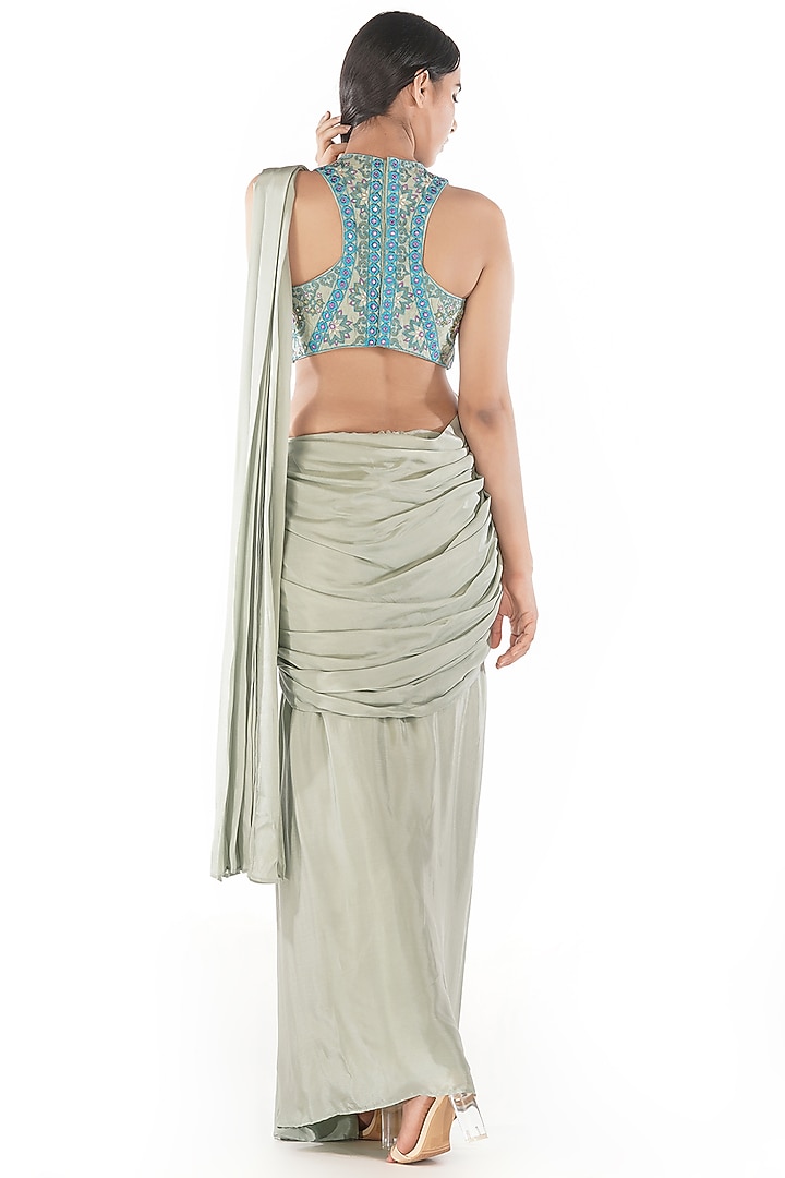 Pistachio Green & Blue Embroidered Pre-Draped Wedding Saree Set by Shruti S at Pernia's Pop Up Shop