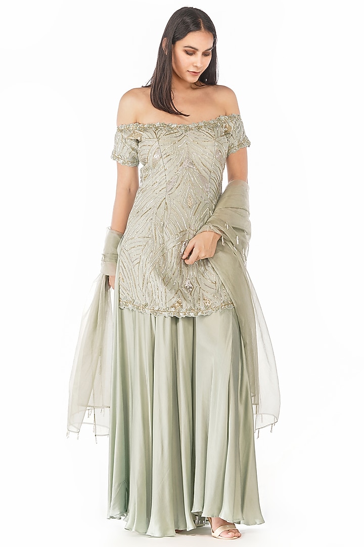 Pistachio Green Embroidered Wedding Sharara Set by Shruti S at Pernia's Pop Up Shop