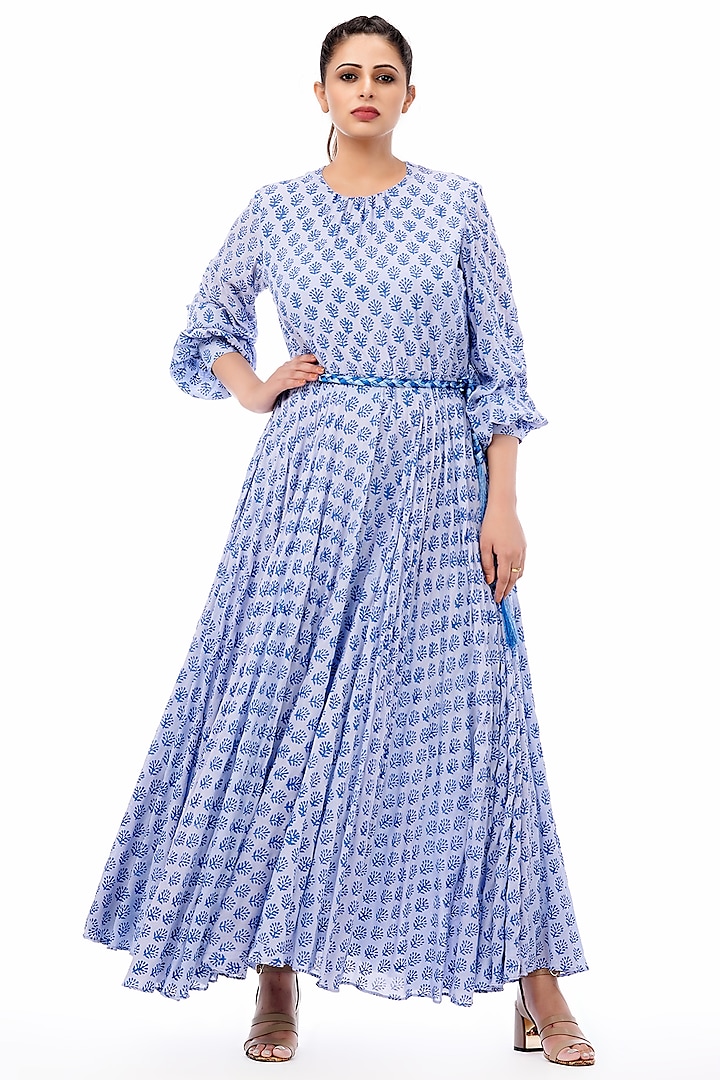Sky Blue Hand Block Printed Dress by Shruti S