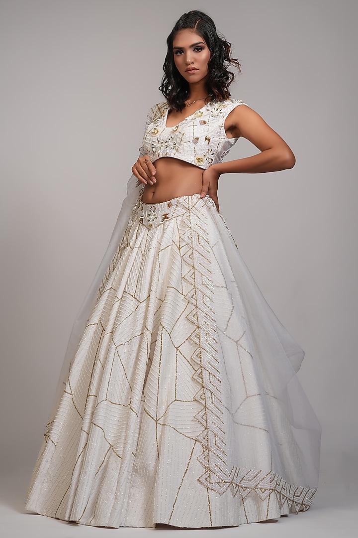 Off-White Silk Embroidered Wedding Lehenga Set by Shruti S at Pernia's Pop Up Shop