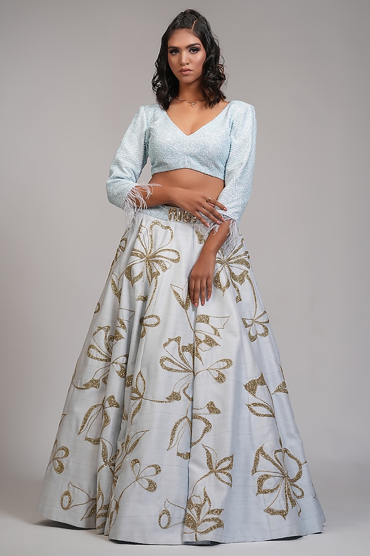Powder Blue Raw Silk Embroidered Wedding Lehenga Set by Shruti S at Pernia's Pop Up Shop