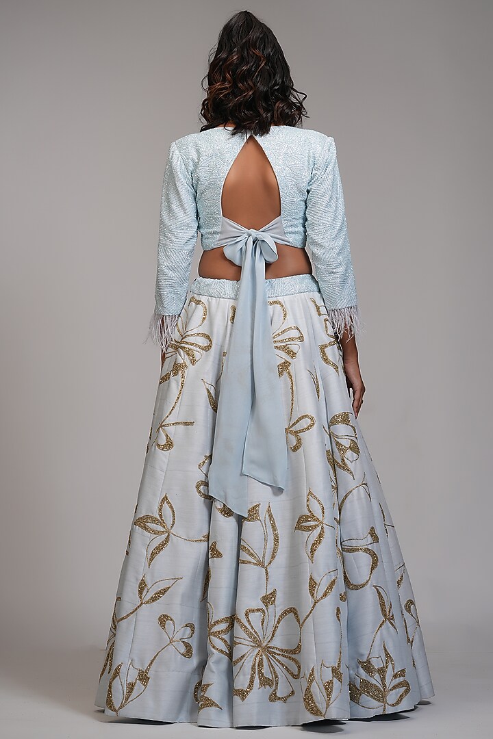 Powder Blue Raw Silk Embroidered Wedding Lehenga Set by Shruti S at Pernia's Pop Up Shop
