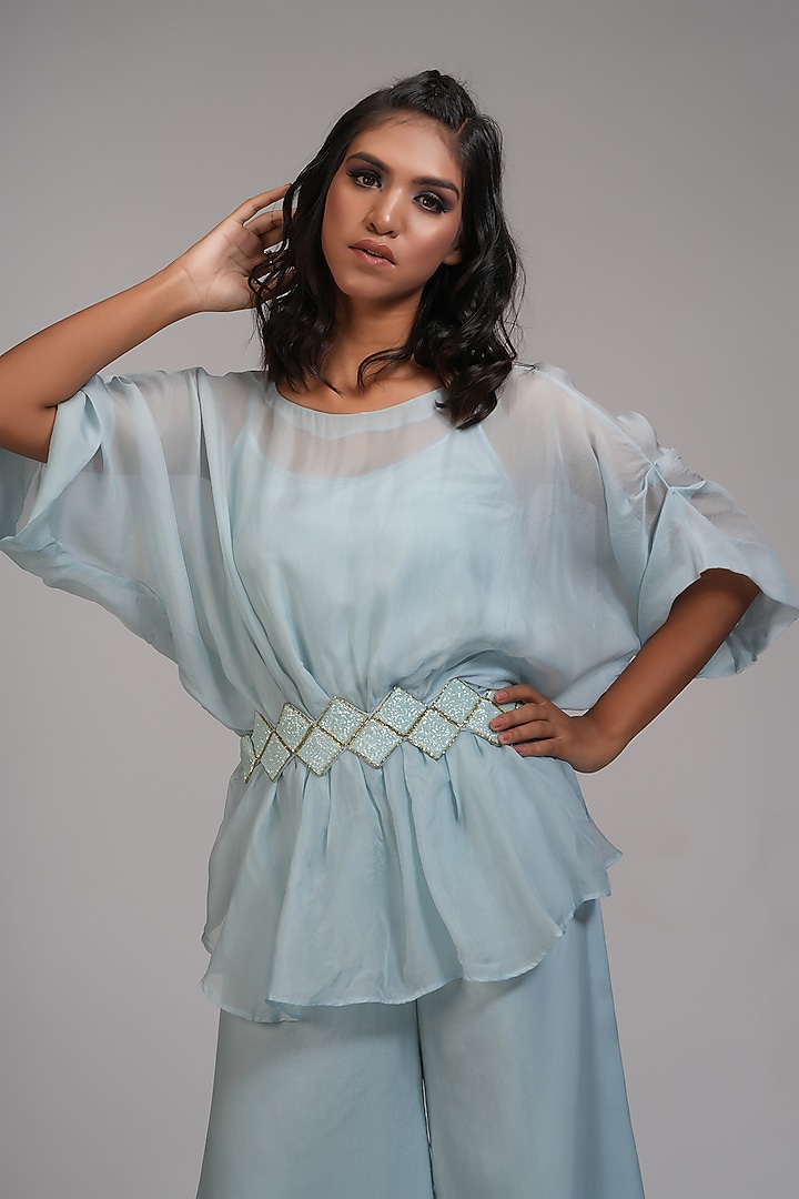 Powder Blue Organza Co-Ord Set by Shruti S at Pernia's Pop Up Shop
