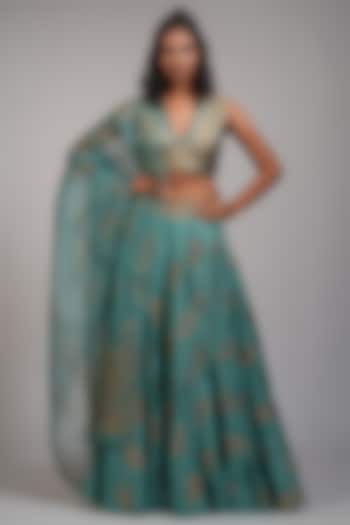 Teal Silk Printed Wedding Lehenga Set by Shruti S at Pernia's Pop Up Shop