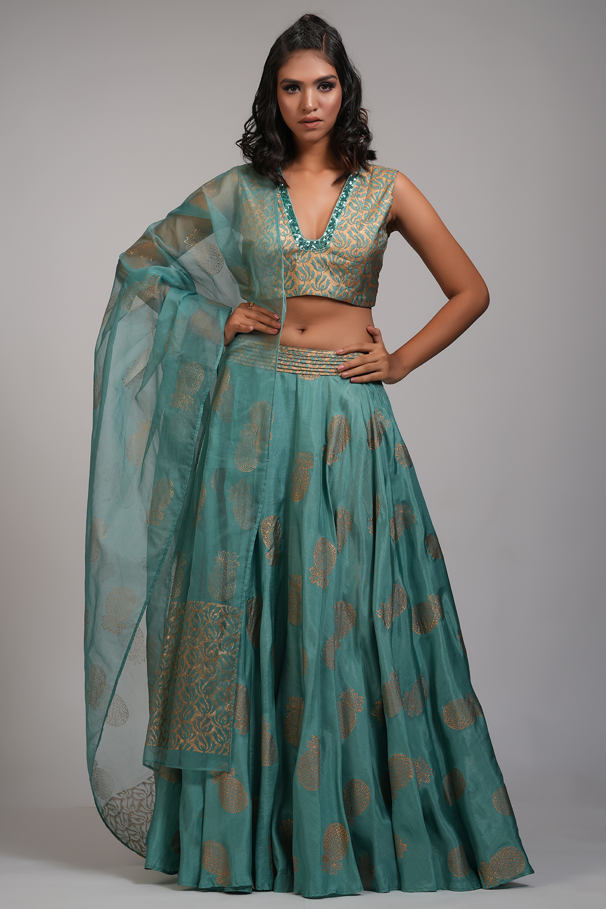 Teal Silk Printed Wedding Lehenga Set by Shruti S at Pernia's Pop Up Shop