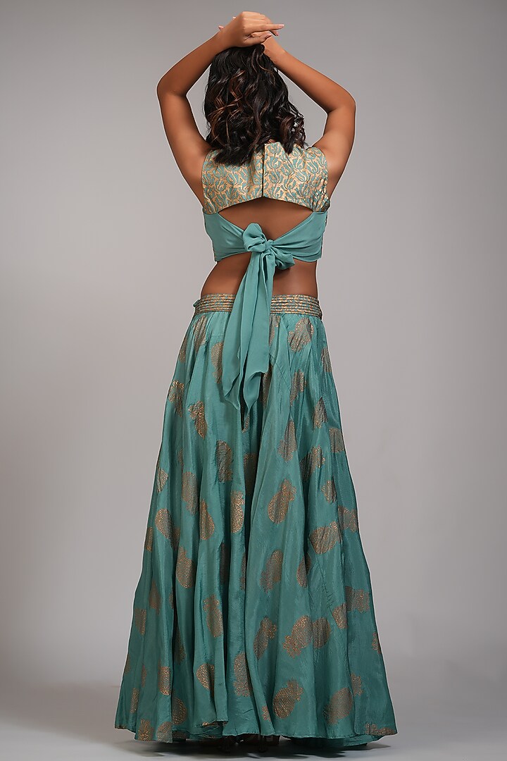 Teal Silk Printed Wedding Lehenga Set by Shruti S at Pernia's Pop Up Shop