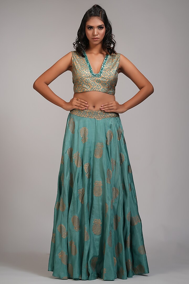 Teal Silk Printed Wedding Lehenga Set by Shruti S at Pernia's Pop Up Shop