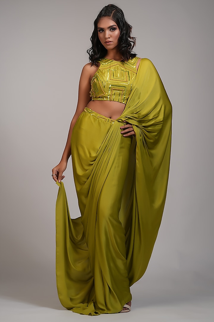 Mustard Green Modal Satin Pre-Stitched Saree Set by Shruti S