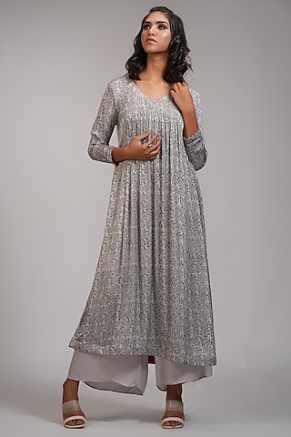Grey Modal Satin Printed Kurta Set by Shruti S
