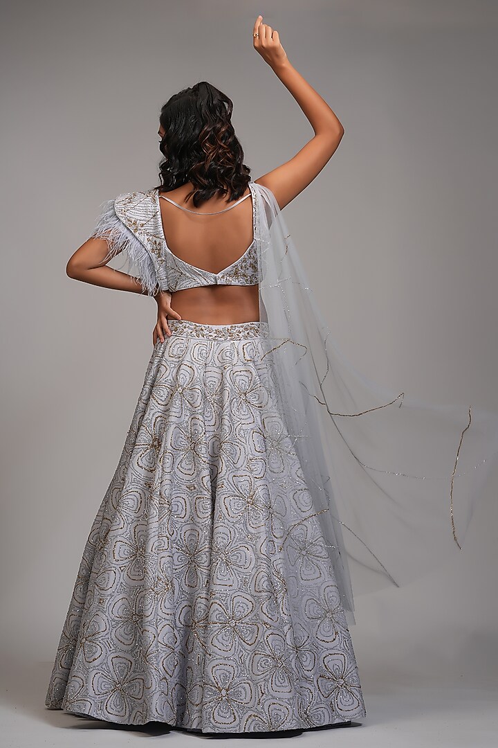 Silver Grey Silk Embroidered Wedding Lehenga Set by Shruti S at Pernia's Pop Up Shop