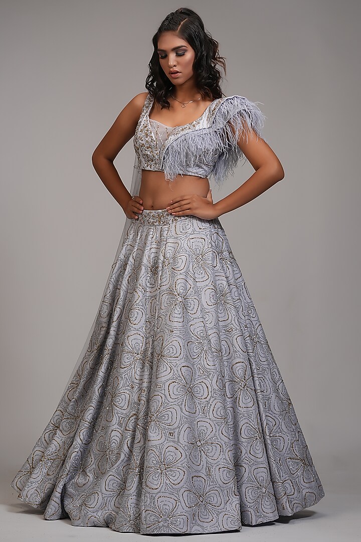 Silver Grey Silk Embroidered Wedding Lehenga Set by Shruti S at Pernia's Pop Up Shop