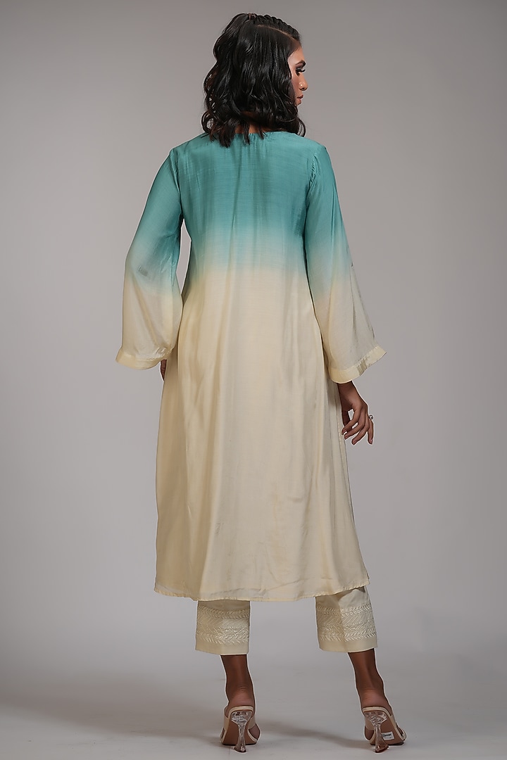 Off-White & Turquoise Ombre Mul Cotton Embroidered Kurta Set by Shruti S at Pernia's Pop Up Shop